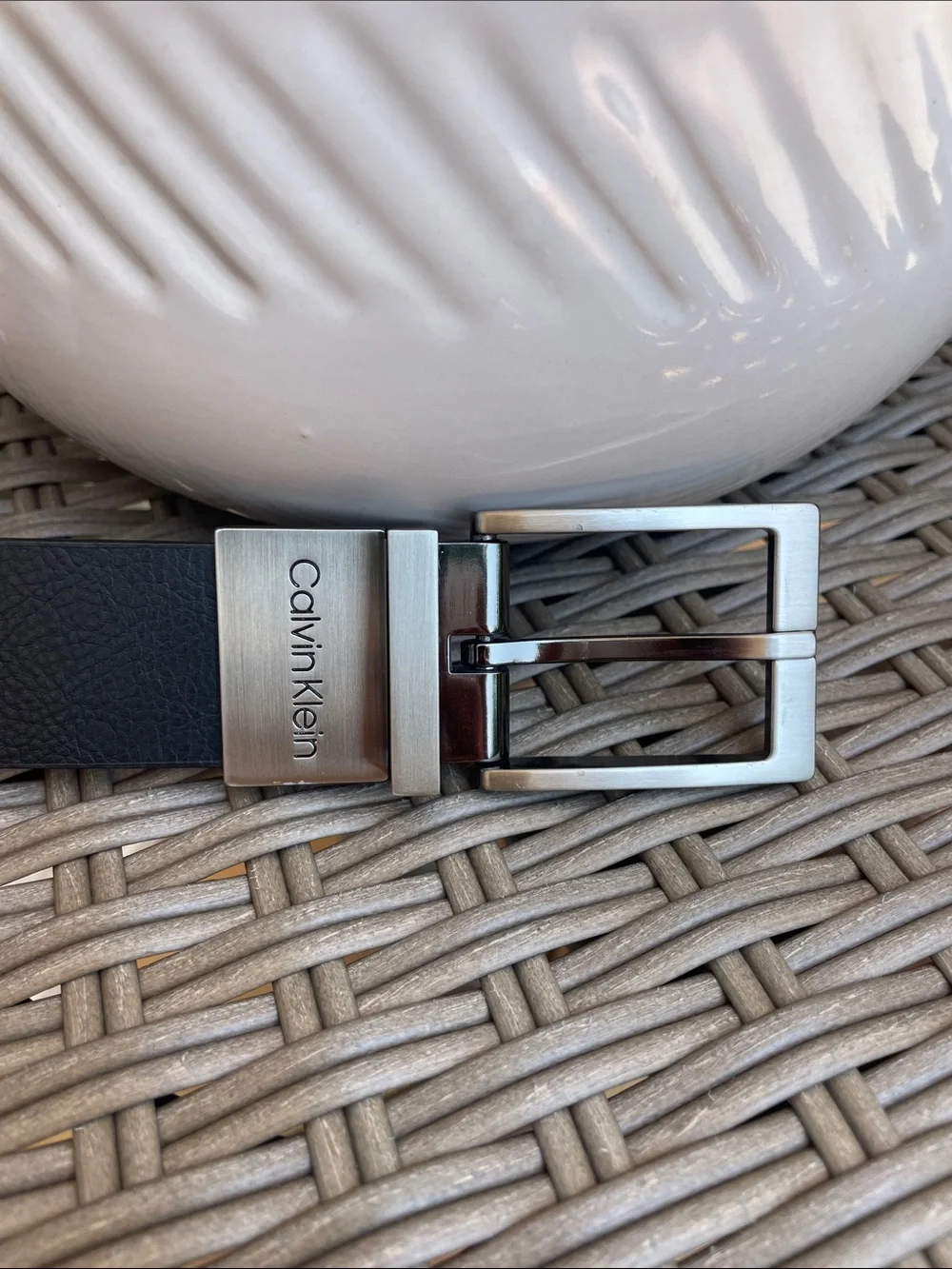 Calvin Klein Black Leather Belt with Brushed Silver Buckle